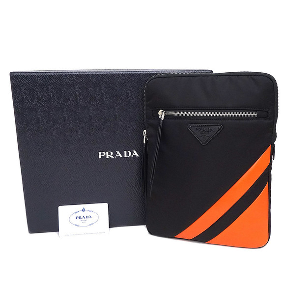 Prada Pouch Leather Nappa Nylon Bag Tesuto Tablet Black Orange Case Clutch - Picture 1 of 10